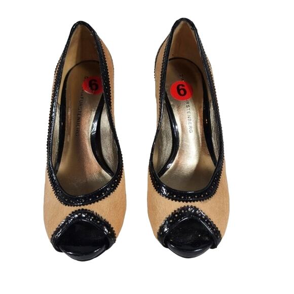 Tan Black Diane Von Furstenberg Calf Hair Peep Toe Heels Size 6 - Picture 1 of 5